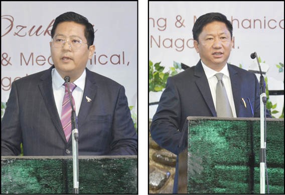 (Left) Sharingain Longkumer, Speaker, NLA and (right) Prof Temjensosang Imsong, HoD, Department of Sociology, NU speaking during the Soyim Student’s Union 75 years Jubilee at Babu Tzubu Amphitheatre, Ungma on December 29. (Morung Photo)